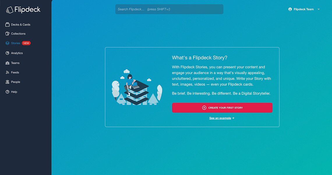 Flipdeck stories webpages in stack with 'New Flipdeck Stories' text